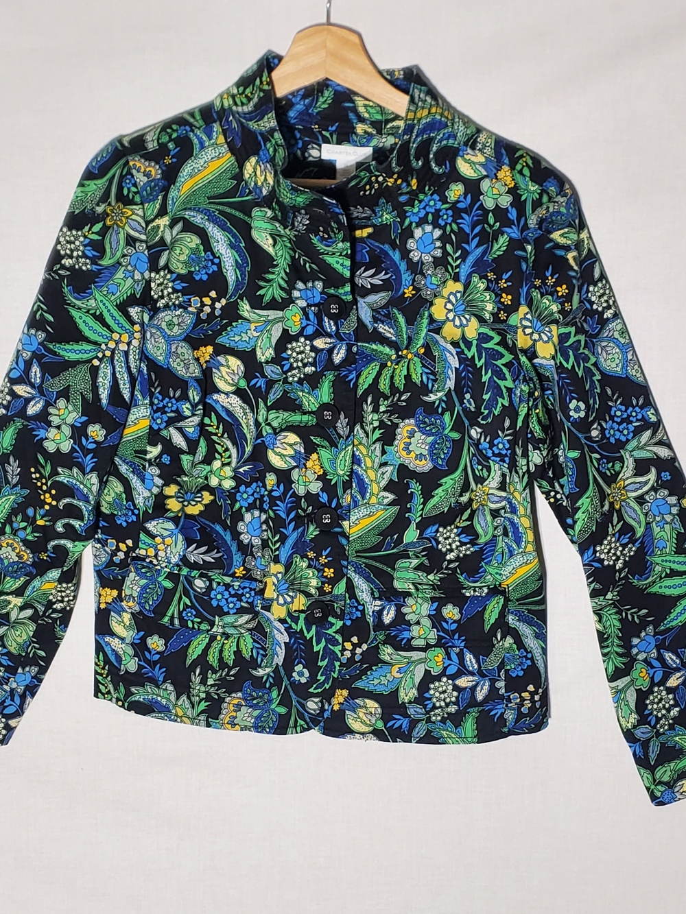 Charter Club Black Jacket Blue Green Floral Print Large Buttons Pockets Womens M